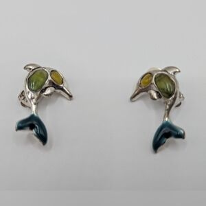 Silver Tone Yellow Green Stone Dolphin Clip On Earrings NWOT 1.25" Length